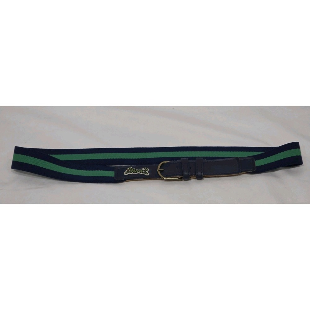 Le Tigre Web Stretch Belt Mens 33 Navy Blue Green Striped Canvas Preppy Logo‎
